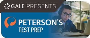 Rectangle logo with Gale Presents in white in top banner and Peterson's Test Prep in white letter below with image of student studying on right