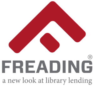 Red forward-tilting letter F with registered trademark on lower right above FREADING. Below is a line of text that reads a new look at library lending